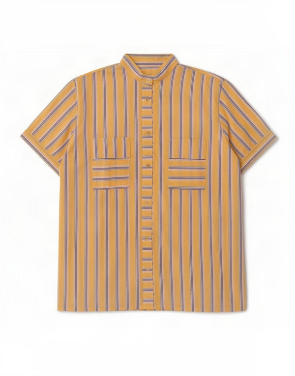 Camisa feminina vintage de manga curta UK 14 grande listrada amarela
