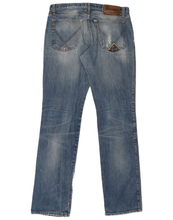 Calça jeans reta masculina Roy Rogers desgastada W34 L36 algodão azul