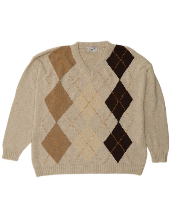 Suéter masculino vintage com decote em V XL bege Argyle/algodão diamante