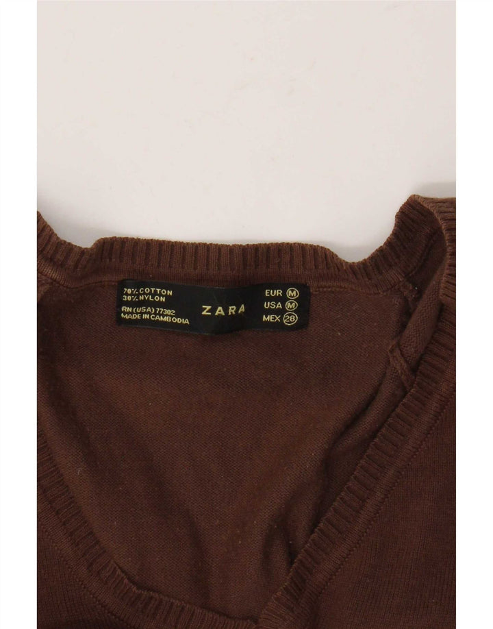 Suéter feminino Zara com decote em V Reino Unido 12 algodão marrom médio