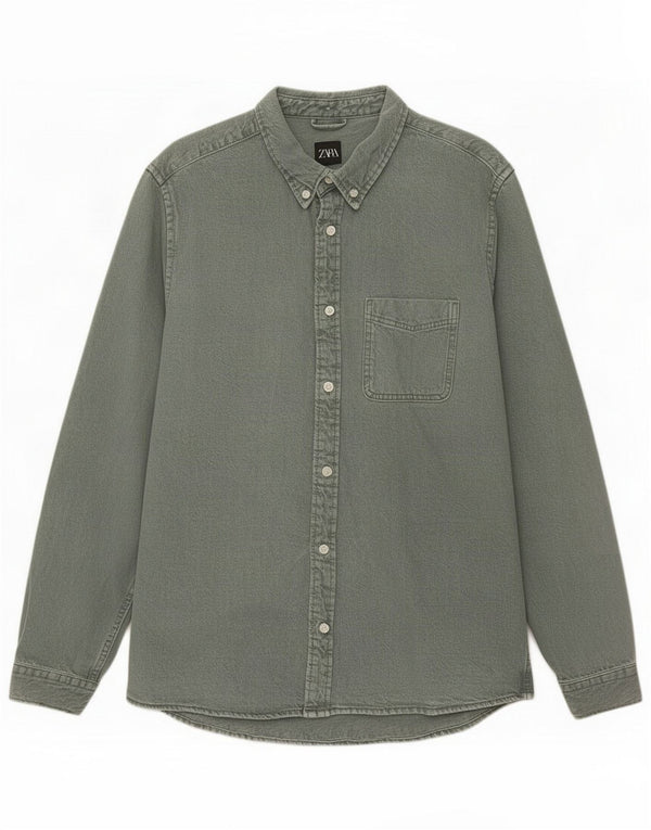 Zara Camisa jeans masculina grande algodão verde