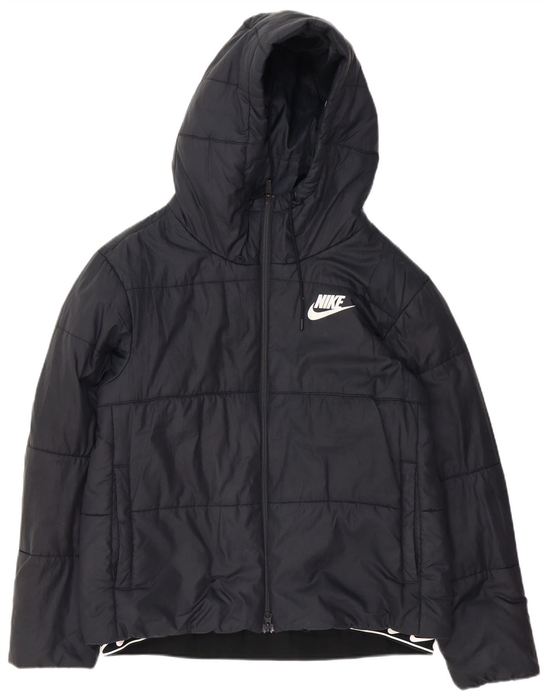 Jaqueta acolchoada com capuz gráfico feminino Nike UK 16 grande poliéster preto
