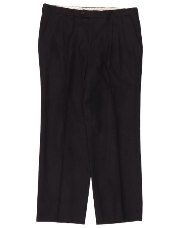 Calça vintage masculina com ajuste W36 L30 azul marinho lã virgem