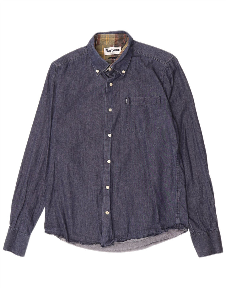 Camisa jeans masculina Barbour sob medida, pequena, azul marinho, algodão