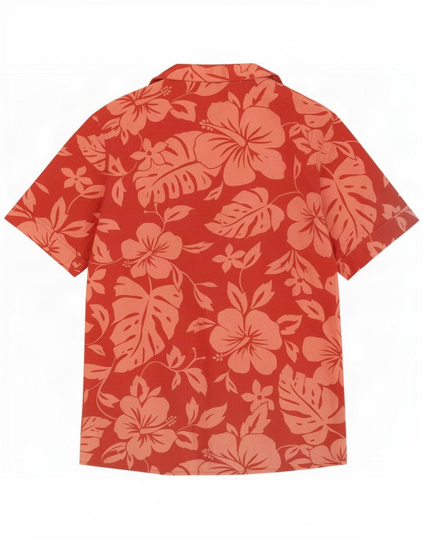 Camisa masculina havaiana vintage de manga curta médio floral vermelho