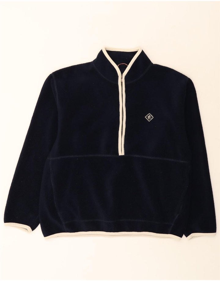 Jumper de lã masculino com zíper e pescoço branco material grande poliéster azul marinho