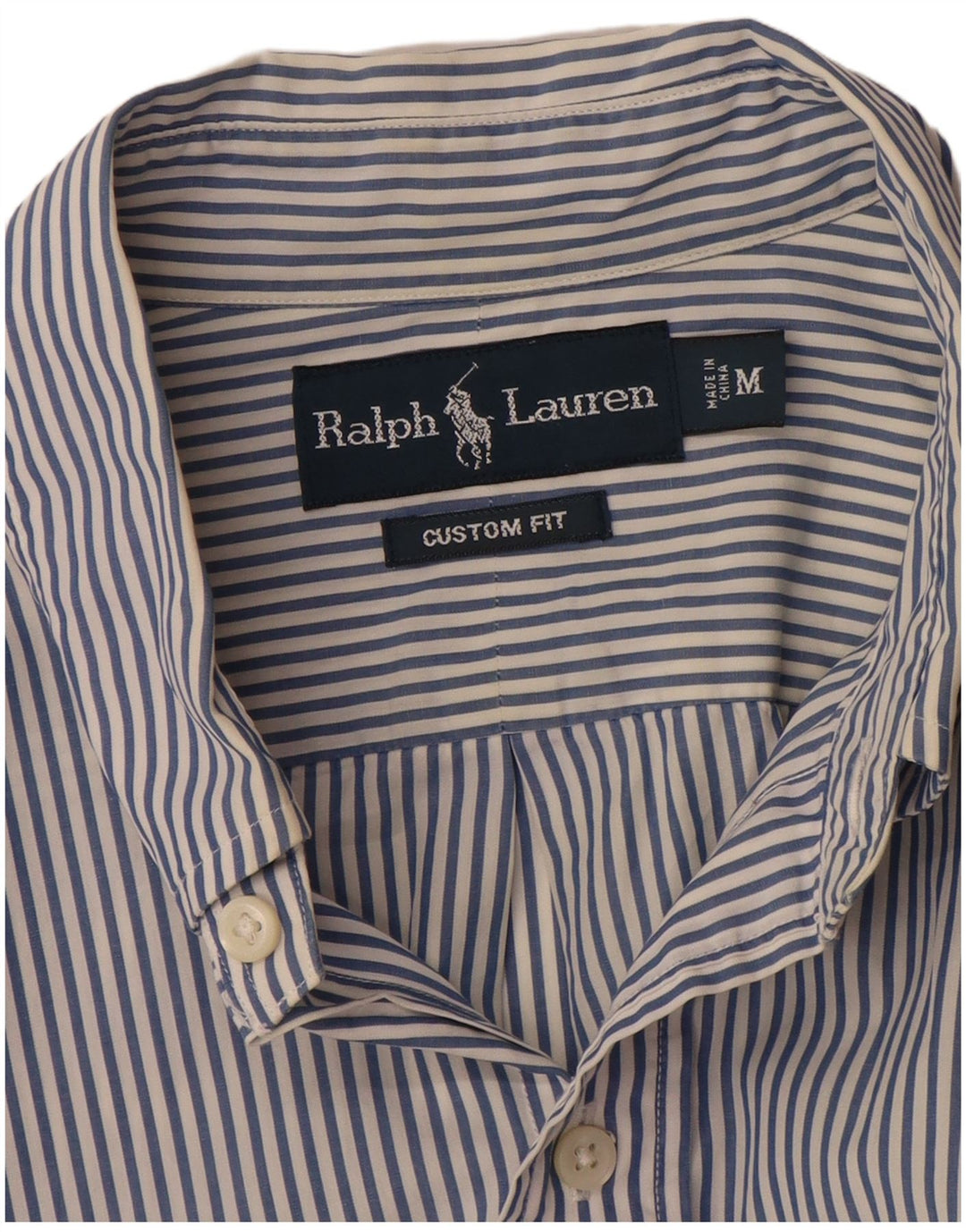 Camisa masculina de ajuste personalizado RALPH LAUREN de algodão listrado azul médio