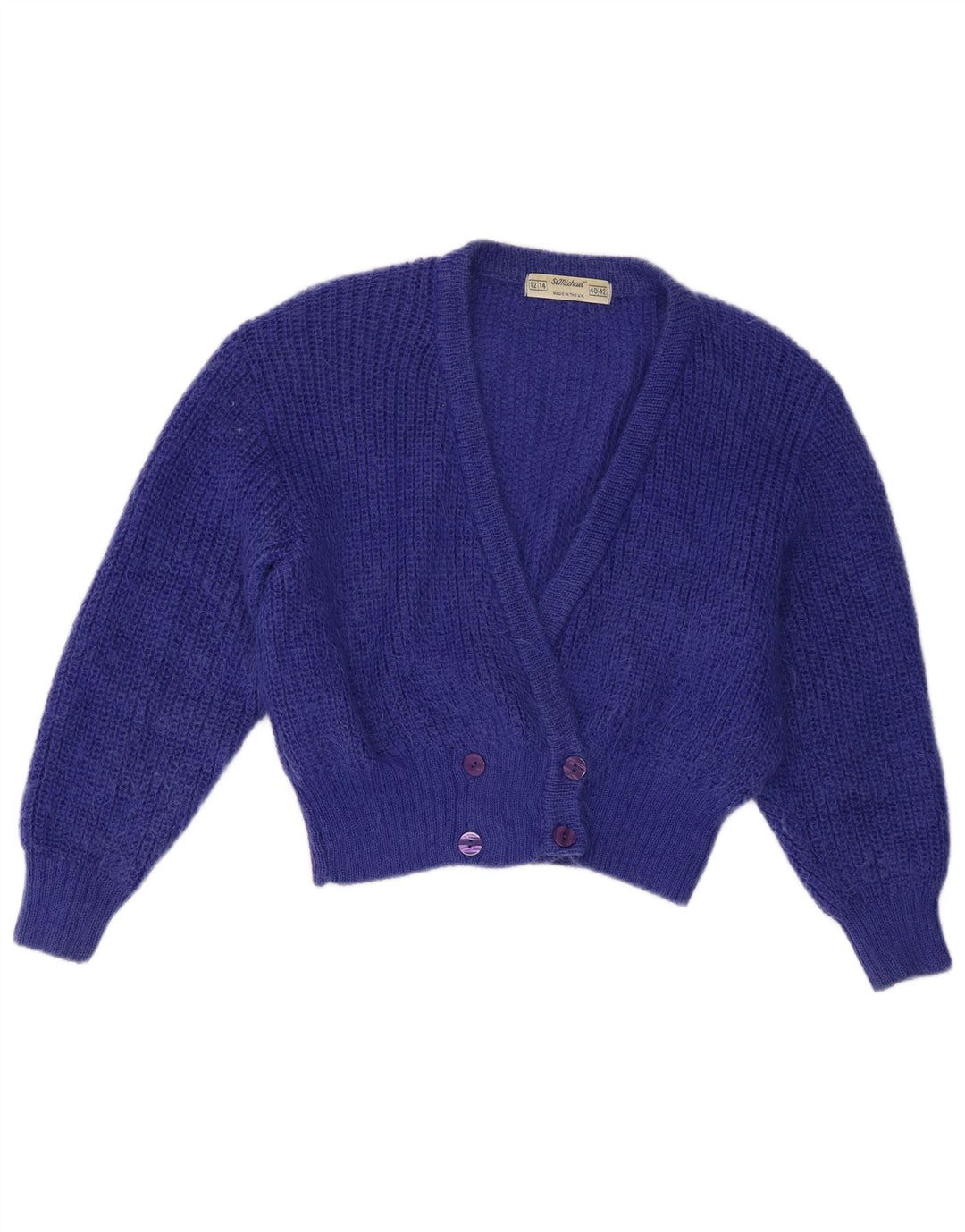 Suéter cardigã feminino St Michael Reino Unido 12/14 mohair azul médio