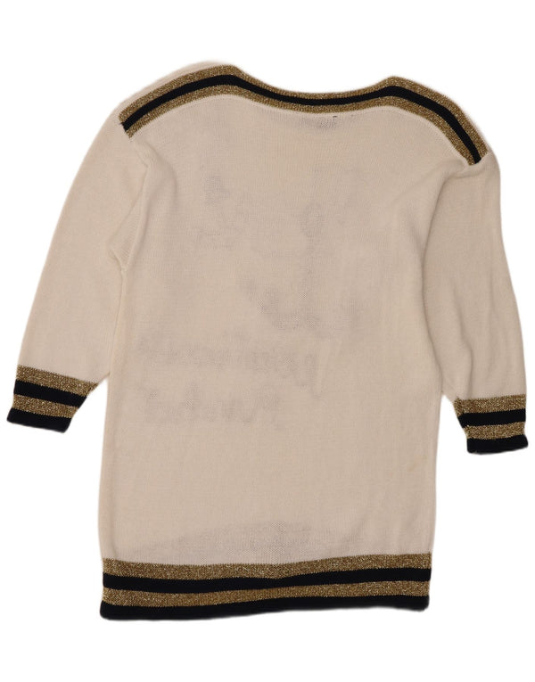 Suéter feminino vintage com gola barco gráfico Reino Unido 16 grande branco náutico