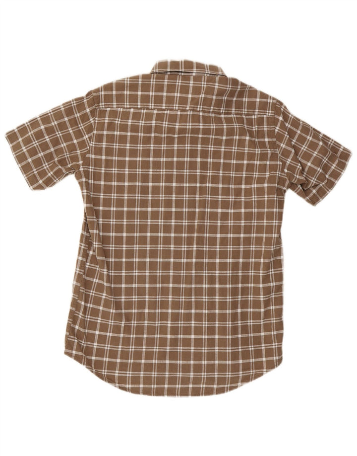 Camisa masculina de manga curta Carrera de algodão xadrez marrom médio