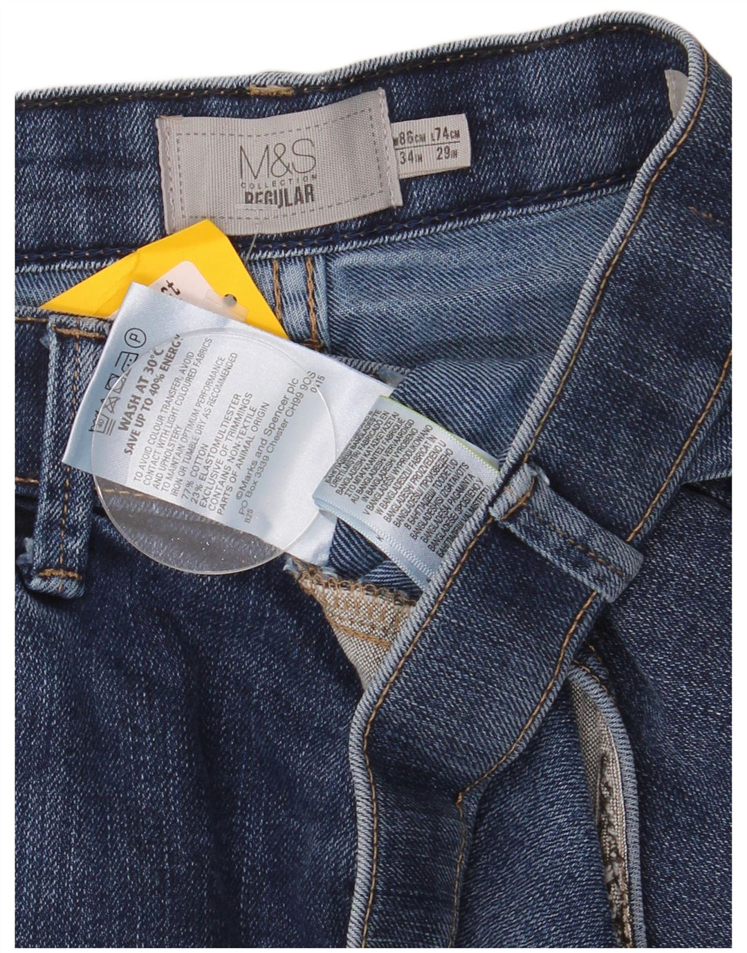 Calça jeans reta regular masculina Marks & Spencer W34 L29 algodão azul