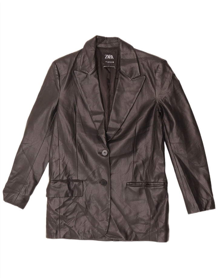 Jaqueta blazer feminina Zara de grandes dimensões com 2 botões de couro sintético Reino Unido 6 XS preta