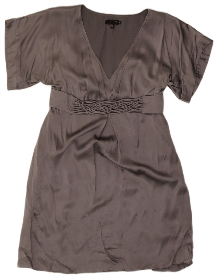 Vestido feminino Ted Baker Empire tamanho 3 seda cinza médio