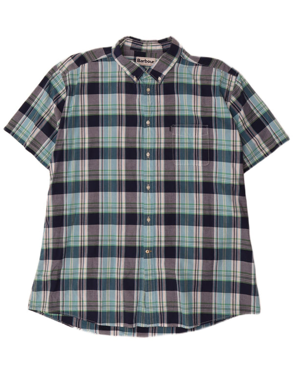Camisa masculina Barbour de manga curta sob medida 3XL algodão xadrez azul marinho