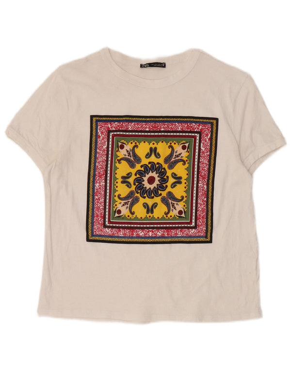 Camiseta feminina gráfica Zara Top UK 14 grande algodão paisley branco