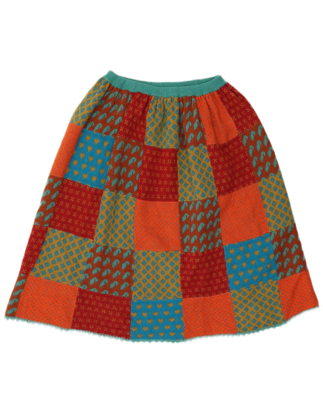 Saia feminina vintage em malha A-Line W26 pequena patchwork multicolorida