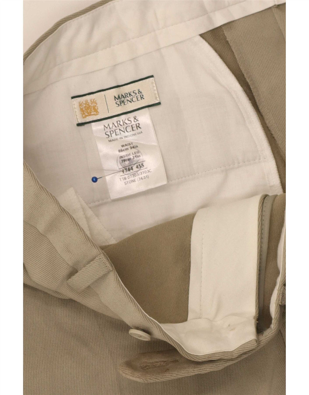 Calça masculina de terno reto Marks & Spencer W34 L31 poliéster bege