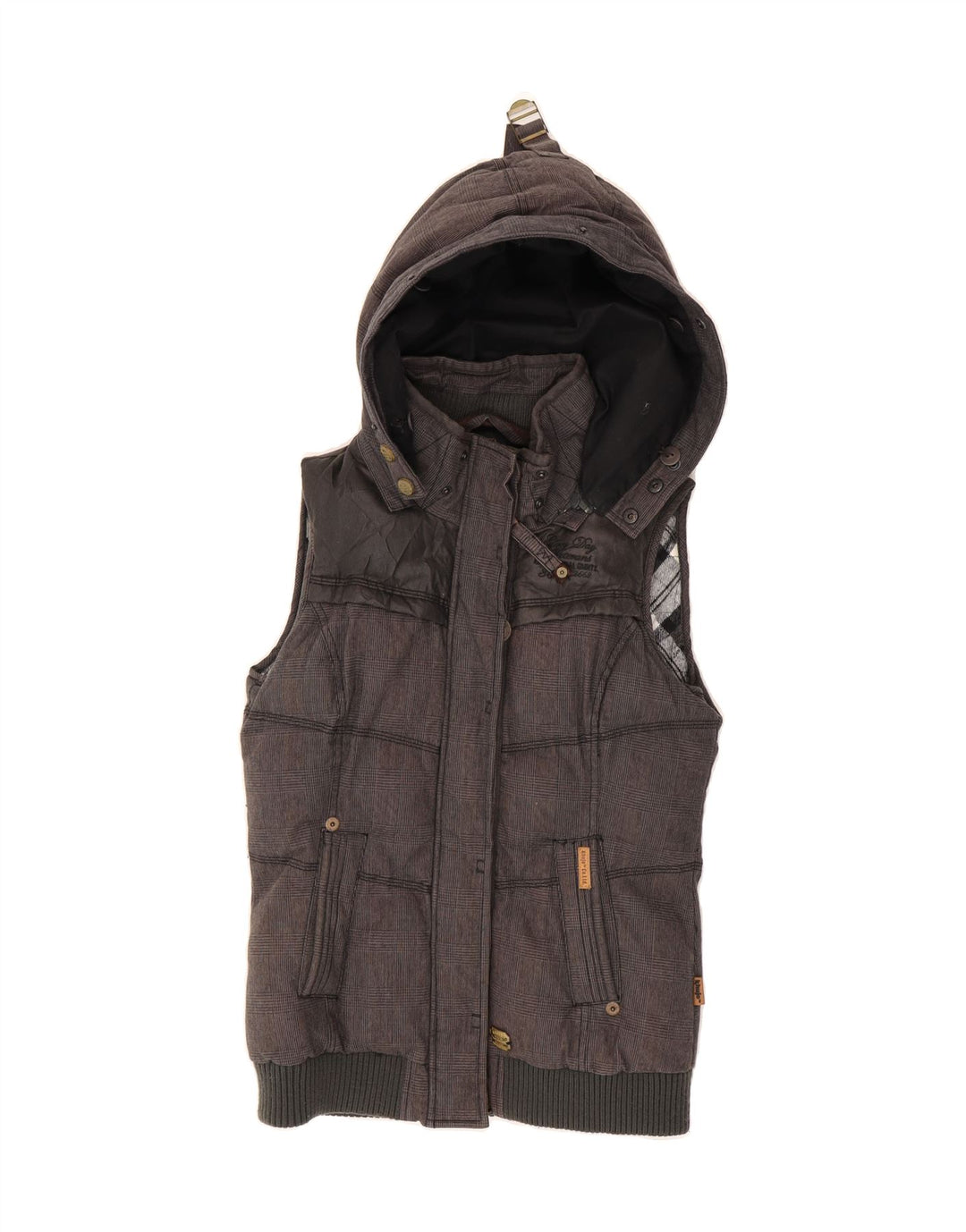 KHUJO Womens Hooded Padded Gilet UK 12 Medium Grey Houndstooth Cotton Vintage KHUJO and Second-Hand KHUJO from Messina Hembry 