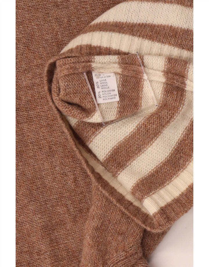 Suéter feminino vintage com gola redonda e palangre Reino Unido 14 listrado marrom médio