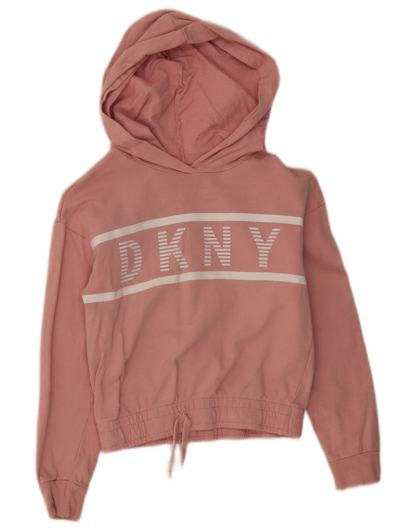 Suéter com capuz gráfico Dkny para meninas 7-8 anos rosa algodão colorblock