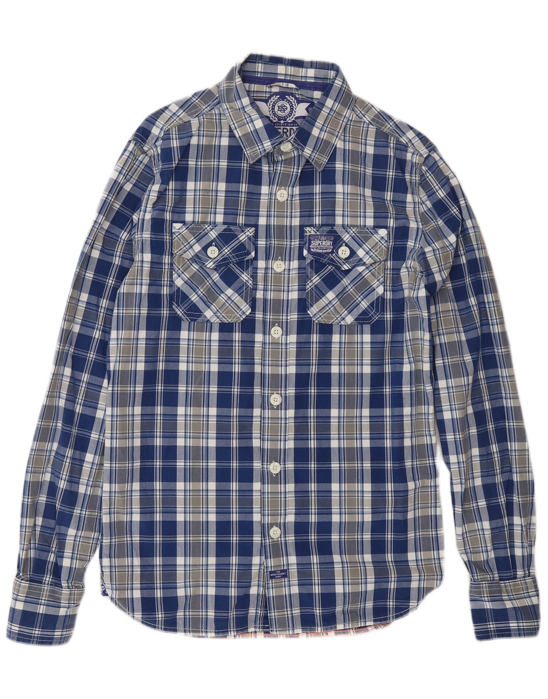 Camisa masculina SUPERDRY pequena xadrez azul de algodão