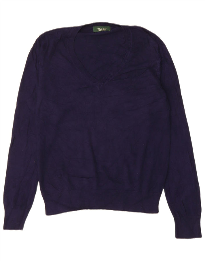 Suéter masculino ZARA com decote em V grande viscose azul marinho