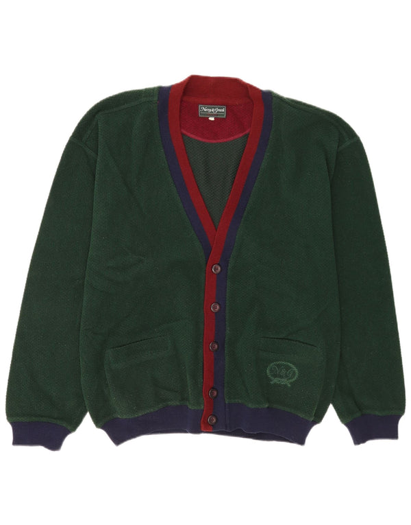 Suéter cardigã masculino vintage 2XL lã colorblock verde