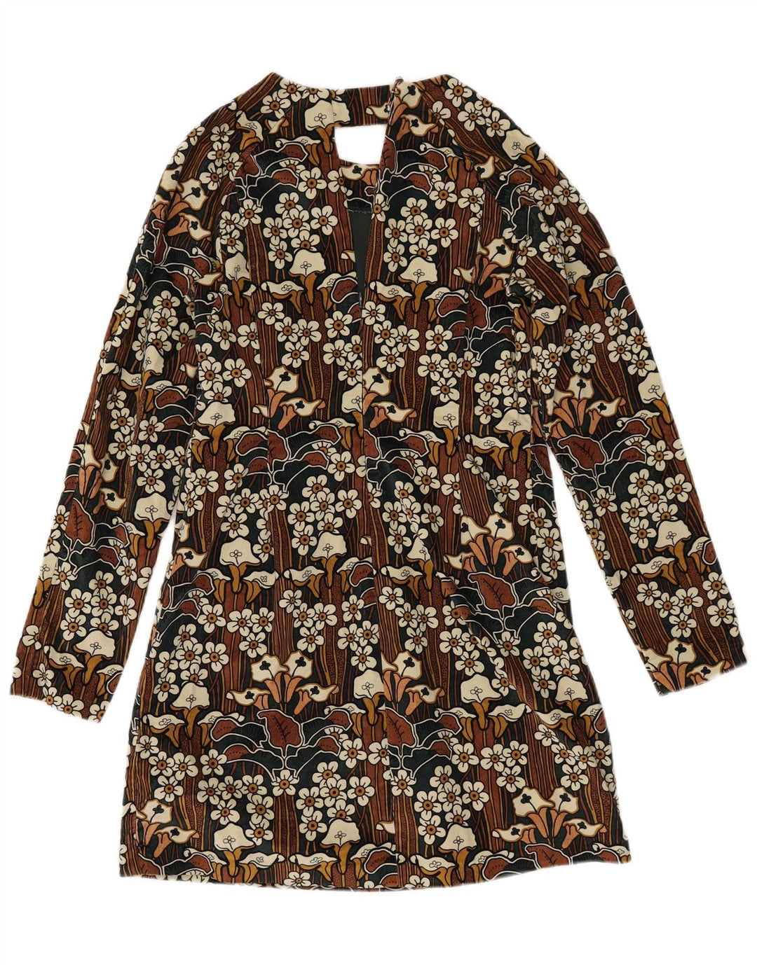 ZARA Vestido feminino Trafaluc manga comprida com bainha UK 14 grande marrom floral
