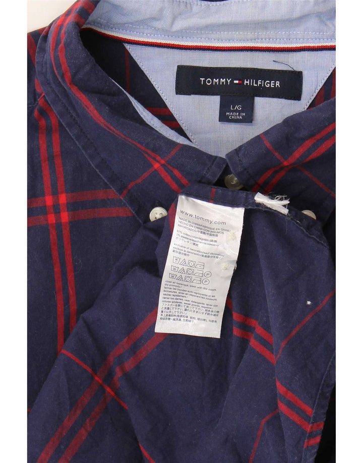 Camisa masculina Tommy Hilfiger grande algodão xadrez azul marinho