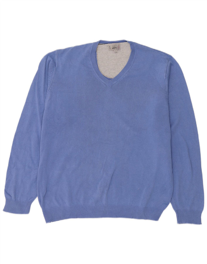 Suéter masculino Marks & Spencer com ajuste regular e decote em V, grande algodão azul