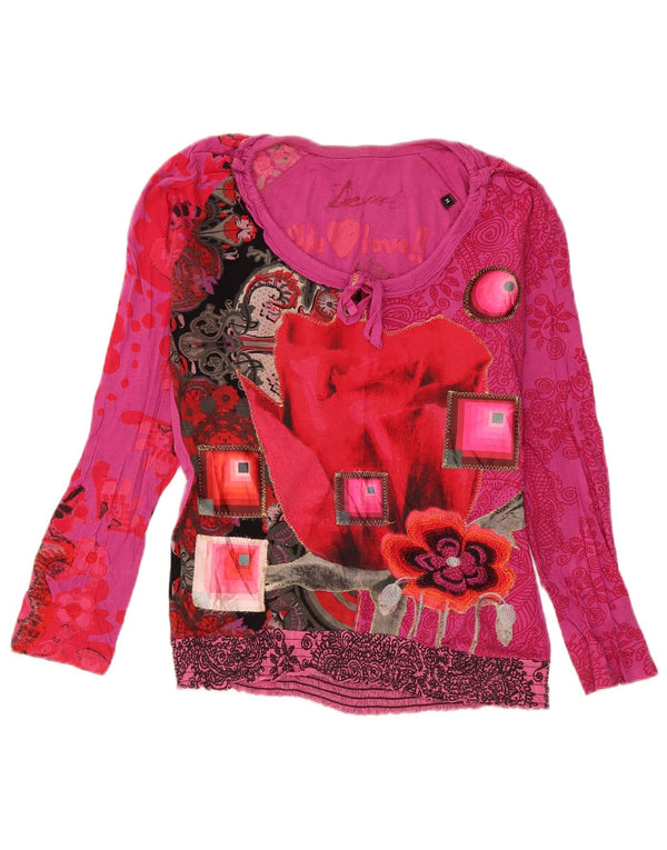Top gráfico feminino Desigual manga comprida UK 14 algodão floral rosa médio