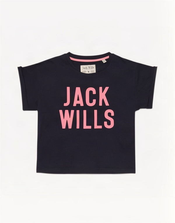 Camiseta feminina gráfica Jack Wills UK 6 XS azul marinho algodão