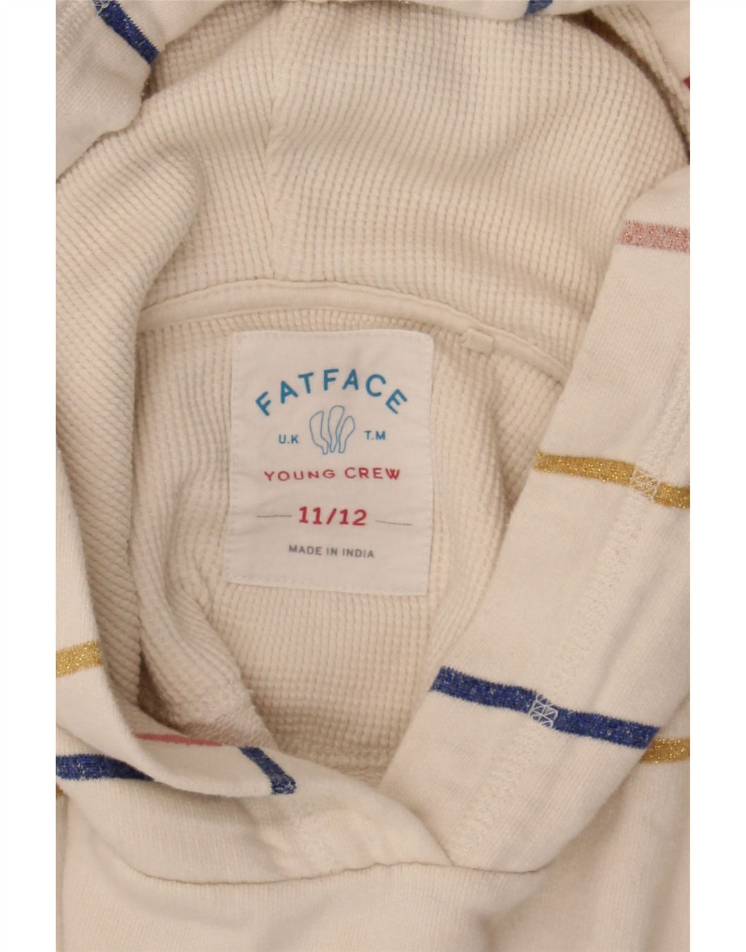 FAT FACE Girls Hoodie Jumper 11-12 Years Off White Striped Cotton Vintage Fat Face and Second-Hand Fat Face from Messina Hembry 