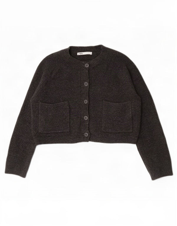 Suéter cardigã feminino Zara crop oversized Reino Unido 10 pequeno cinza acrílico