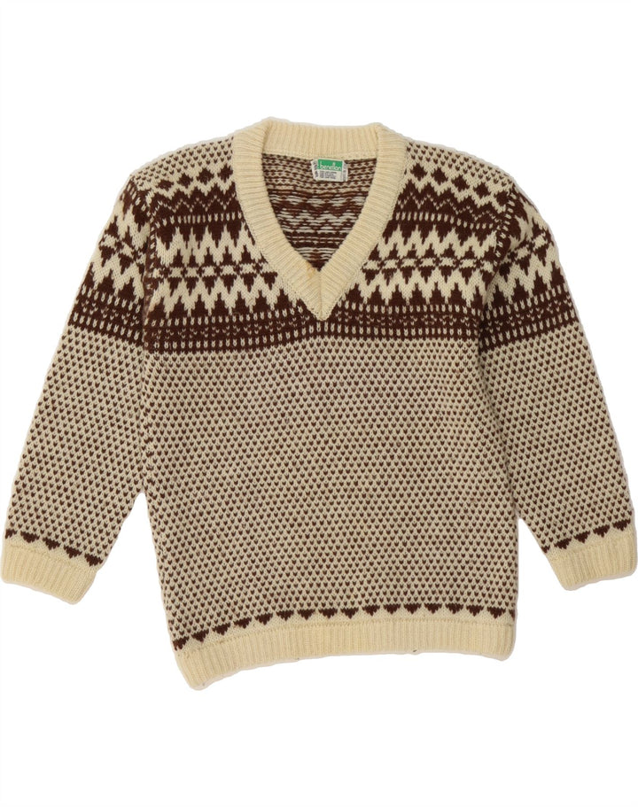 BENETTON Womens V-Neck Jumper Sweater IT 46 Large Beige Fair Isle Wool Vintage Benetton and Second-Hand Benetton from Messina Hembry 