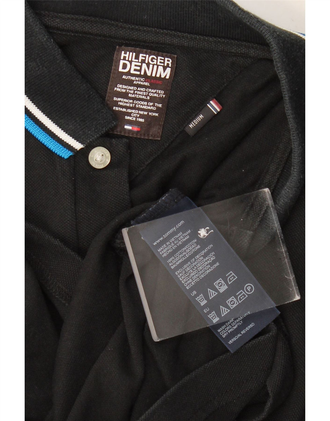 Camisa polo masculina TOMMY HILFIGER de manga comprida de algodão preto médio