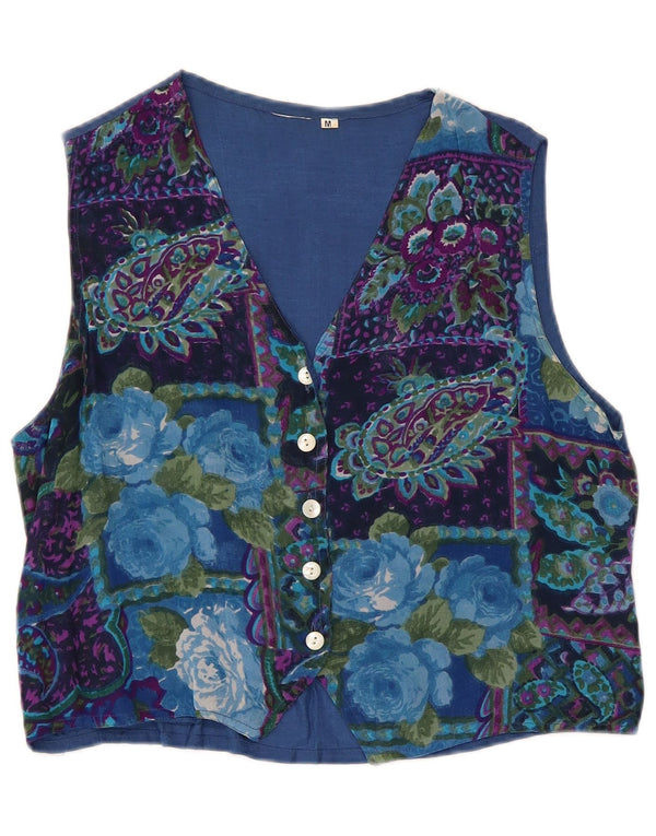 Colete feminino vintage UK 14 médio azul floral viscose retrô