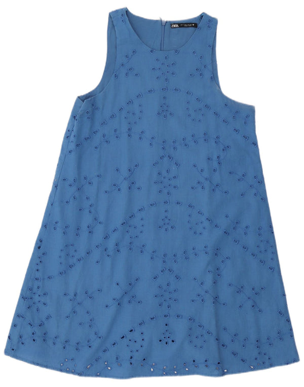 Vestido feminino Zara sem mangas evasê UK 10 pequeno algodão floral azul