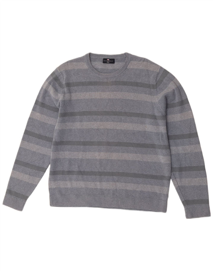 Suéter masculino Marks & Spencer com gola redonda, grande algodão listrado azul