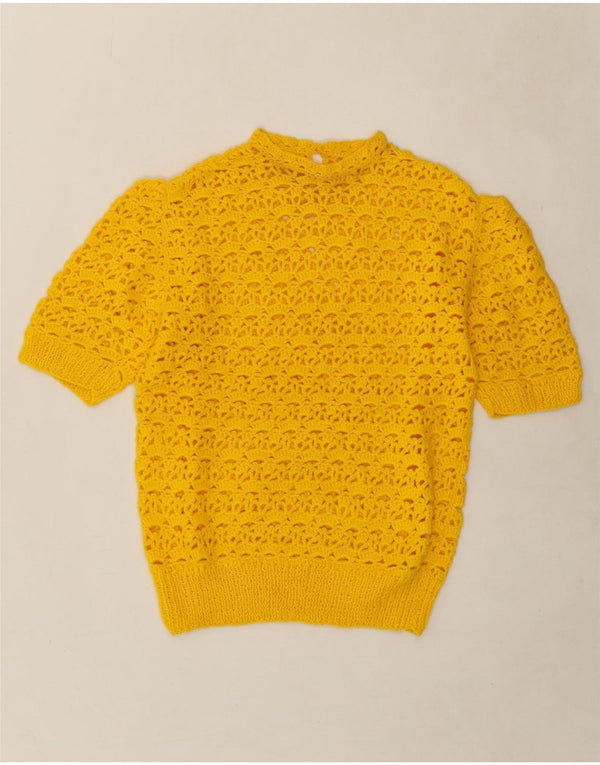 Suéter feminino VINTAGE de manga curta com gola redonda Reino Unido 12 médio amarelo