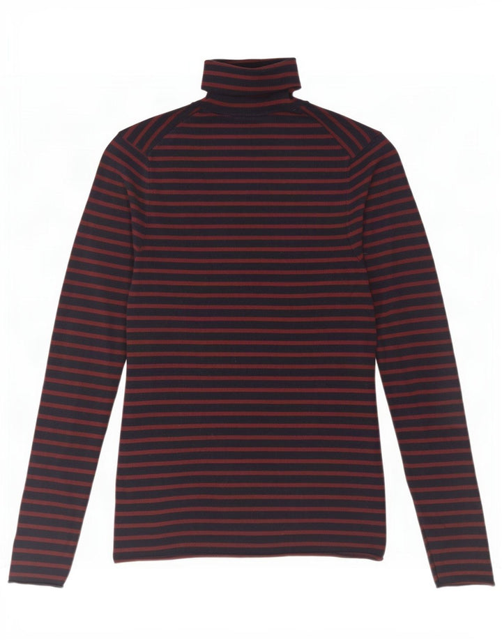 Top feminino Zara manga comprida UK 12 viscose listrada azul marinho médio