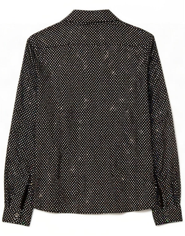 Blusa camisa feminina grande vintage UK 10 pequena poliéster manchado preto