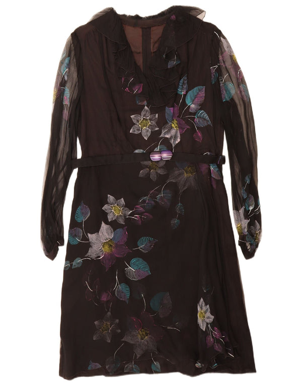 Vestido feminino vintage de manga comprida UK 12 médio preto floral