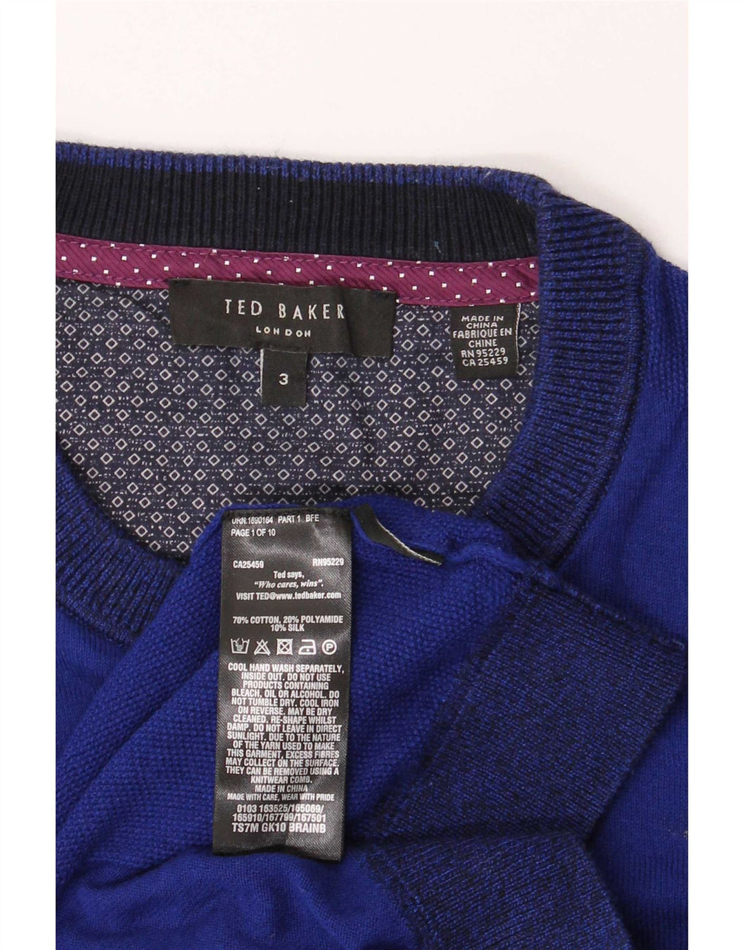 Suéter masculino Ted Baker com gola redonda, tamanho 3, algodão azul marinho médio