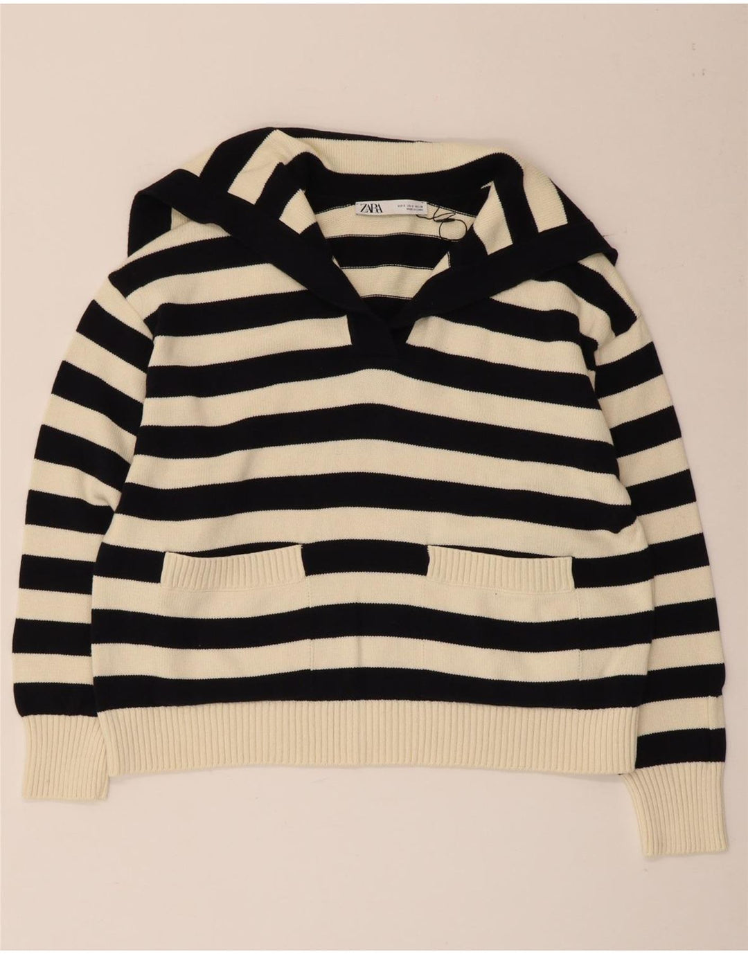 Suéter feminino Zara com gola redonda grande e listrado preto pequeno Reino Unido 10