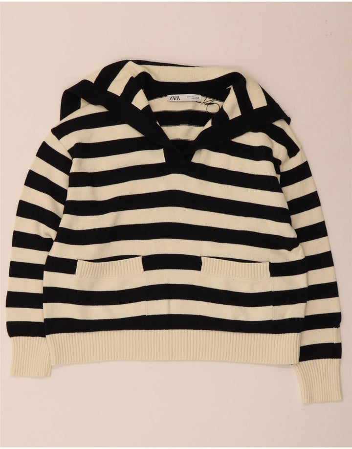 Suéter feminino Zara com gola redonda grande e listrado preto pequeno Reino Unido 10