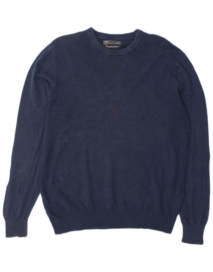 Suéter masculino Marks & Spencer com gola redonda, algodão azul marinho médio