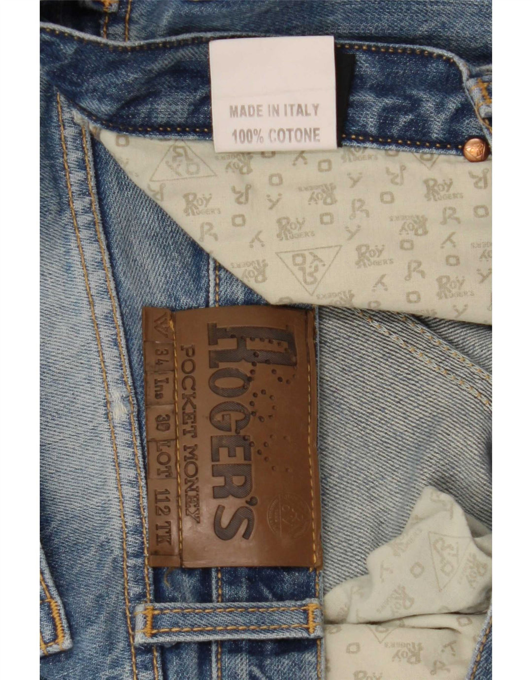 Calça jeans reta masculina Roy Rogers desgastada W34 L36 algodão azul