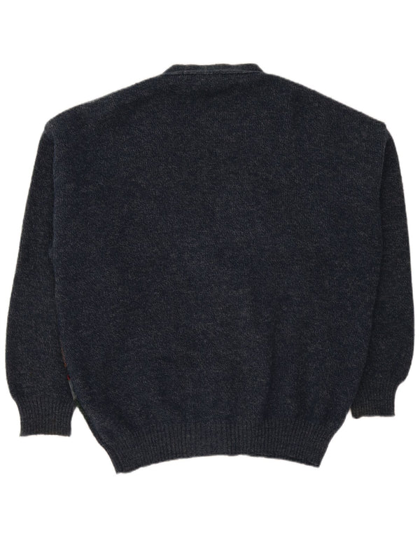 Suéter cardigã masculino vintage solto, grande azul marinho Fair Isle acrílico