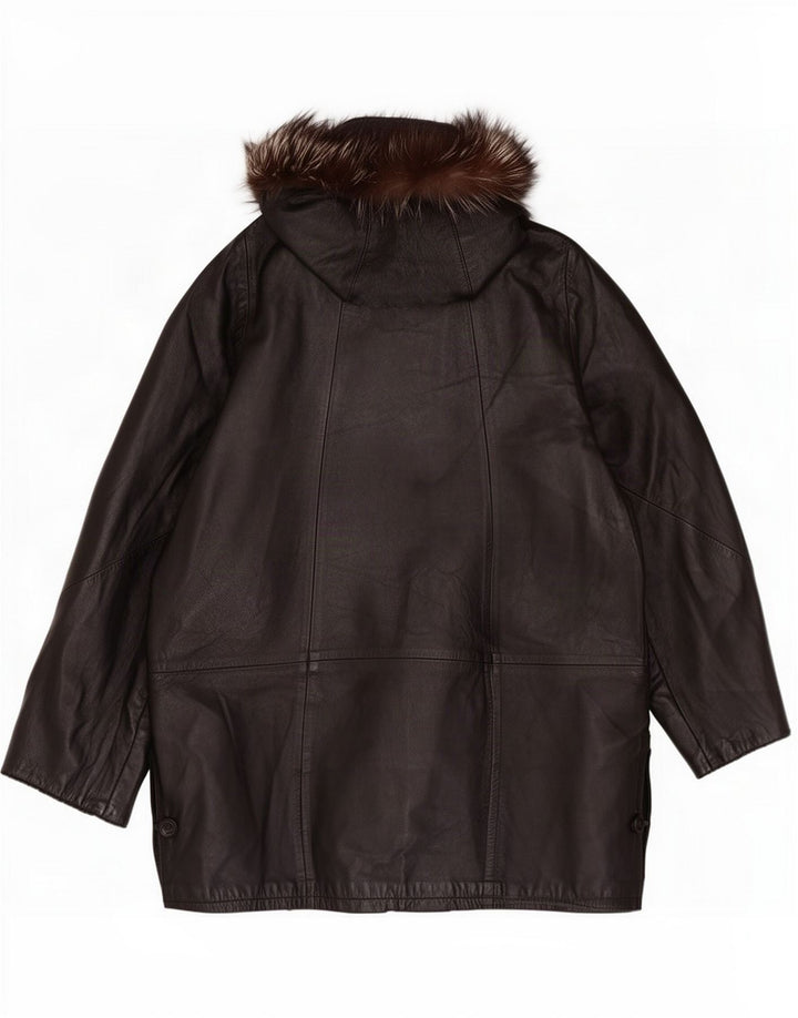 Casaco de couro feminino vintage com capuz grande IT 42 preto médio